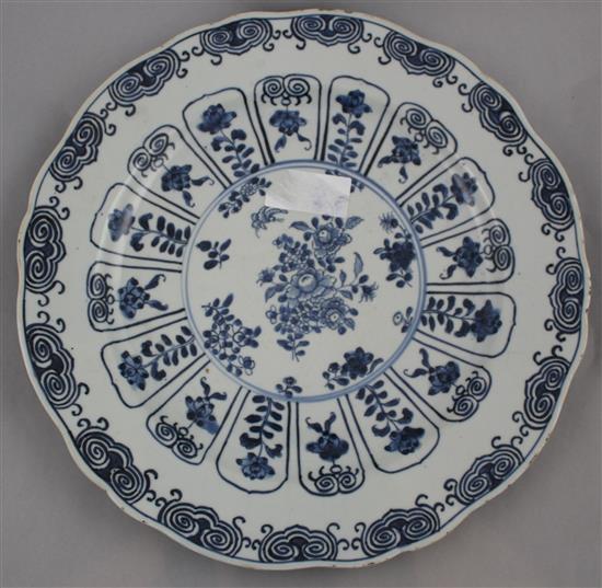 A pair of Chinese export blue and white dishes, Qianlong period, 33.5cm, rim crack to one dish